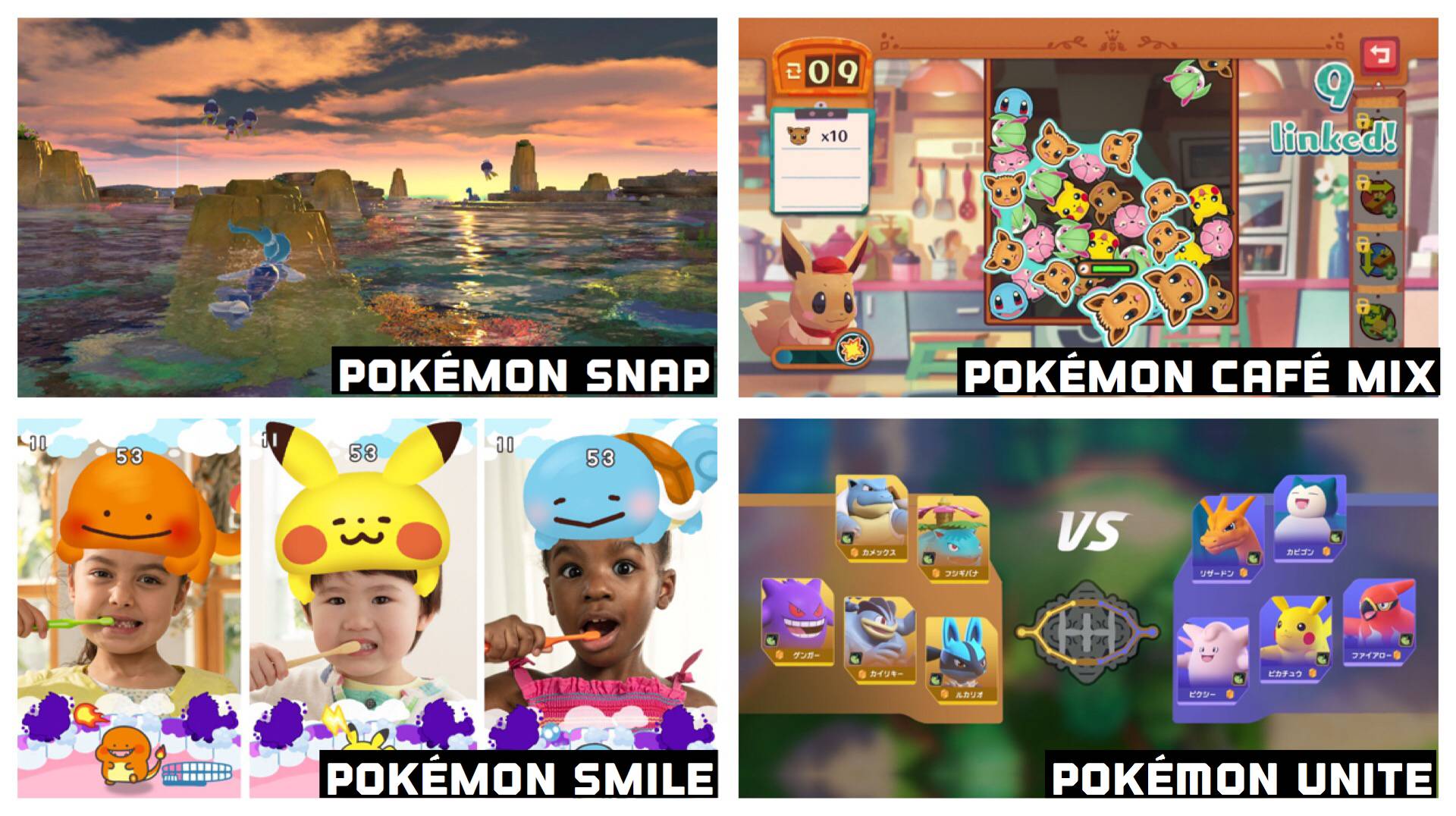 New Pokemon games by The Pokémon Company: Pokémon Snap, Pokémon Café Mix, Pokémon Unite and Pokémon Smile.