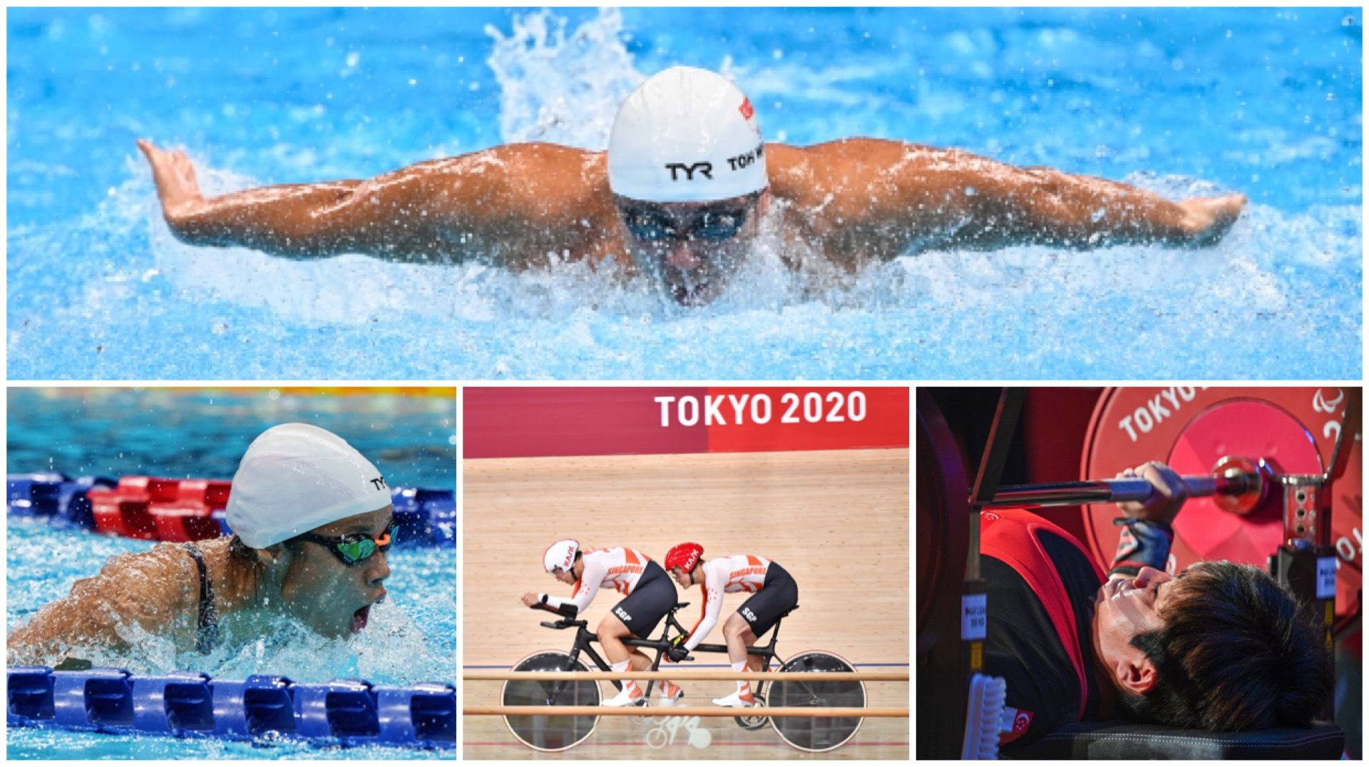Swimmer Toh Wei Soong, powerlifter Nur ’Aini Binte Mohamad Yasli, cyclist Steve Tee (in red helmet, with competition partner Ang Kee Meng), and swimmer Sophie Soon.