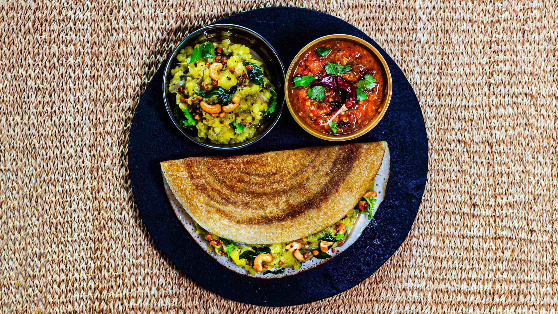 Ghee Roast Masala Dosa With Roasted Tomato Chutney.