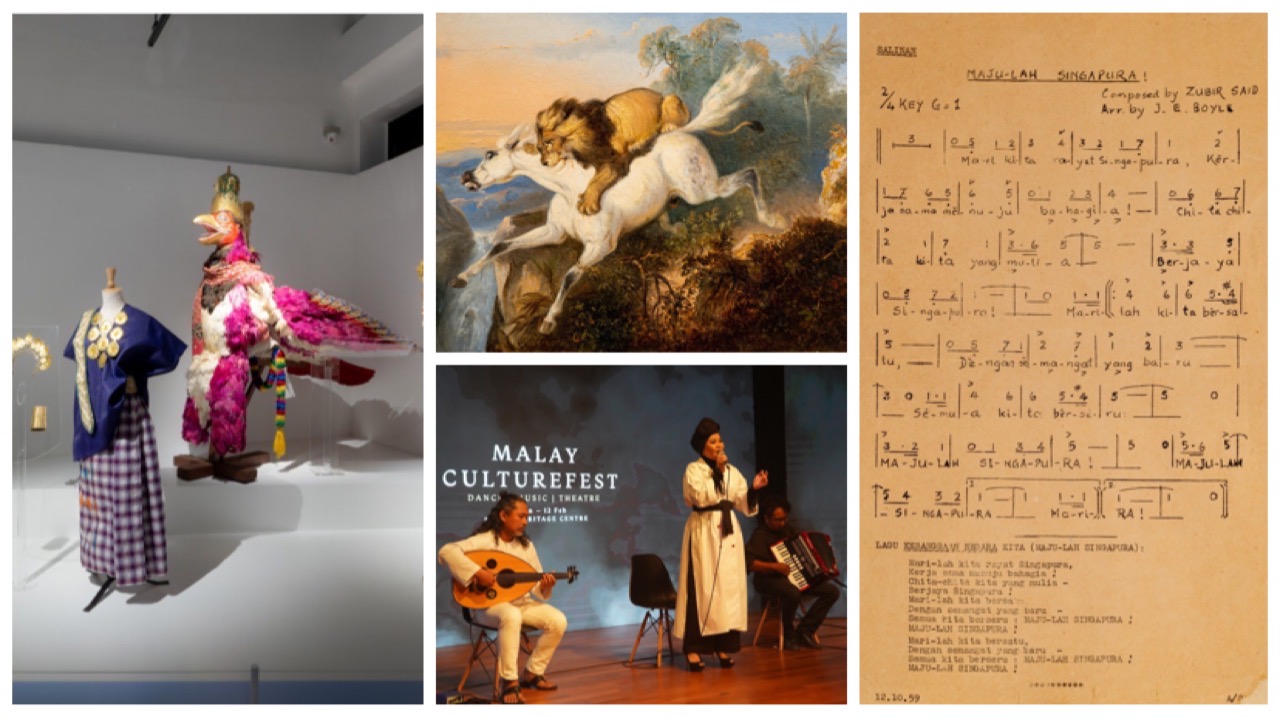 Highlights from the "Cerita" exhibition include a Garuda dance costume, 19th century Javanese painting, the original score of "Majulah Singapura" and live musical performances as part of Malay CultureFest.