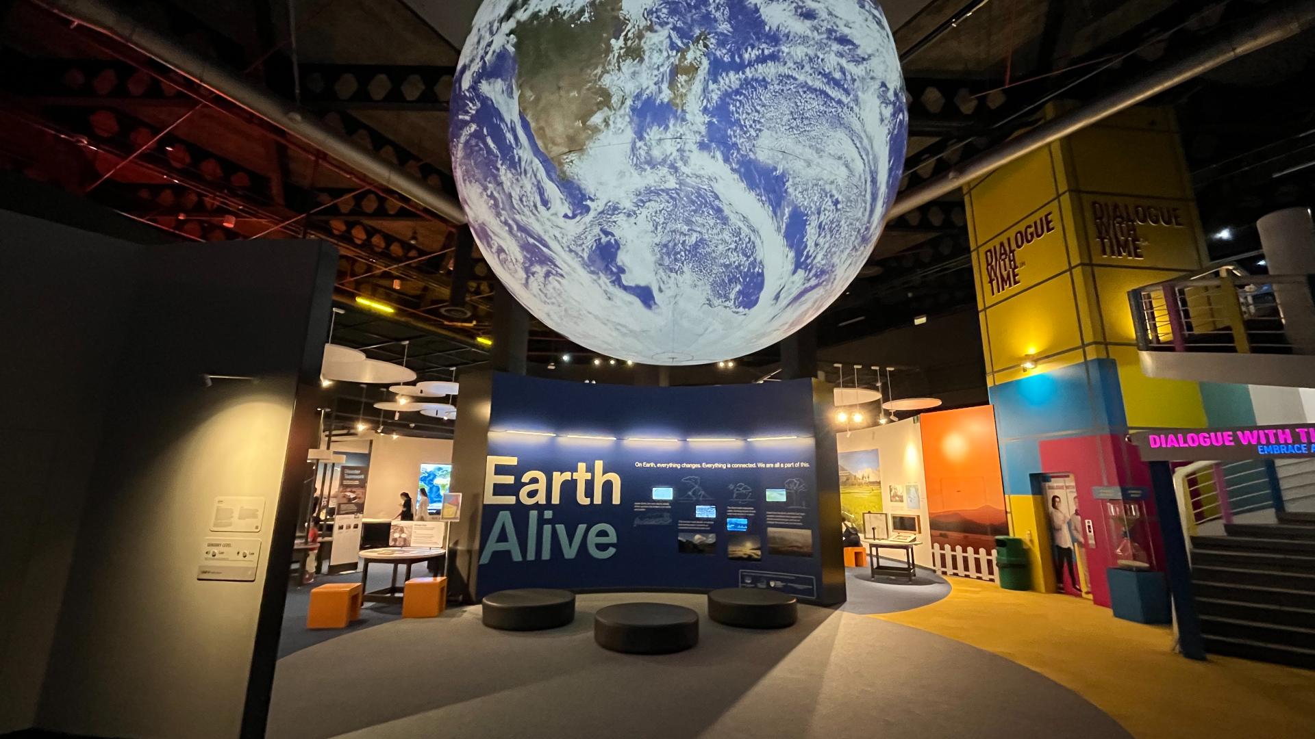 Inflatable globe installation at Science Centre Singapore by artist Luke Jerram features detailed NASA imagery.