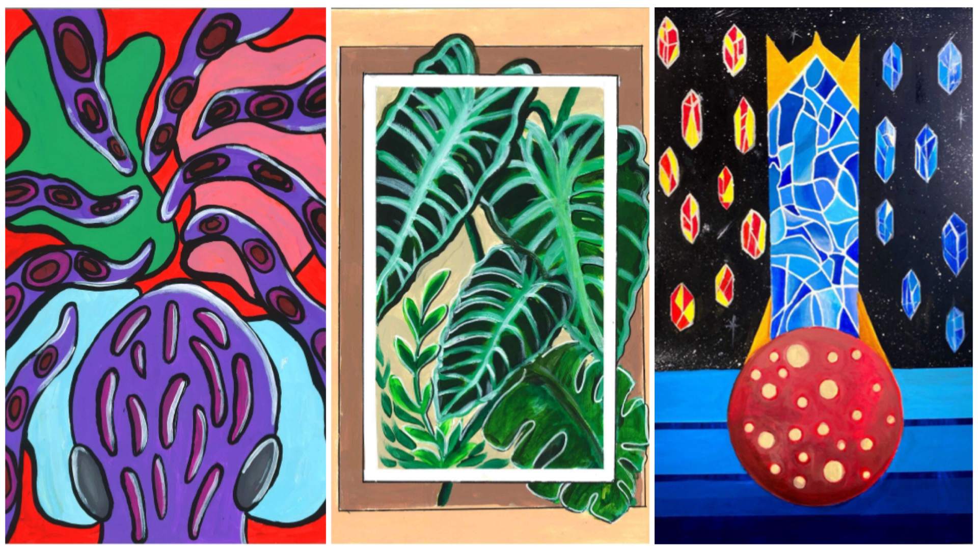 Artworks by Chew Ling Xi Janevi, Aiman Syafiq, and Muhammad Rifky Shauqi Bin Md Ricky Famie from the Rainbow Centre Artability Programme.