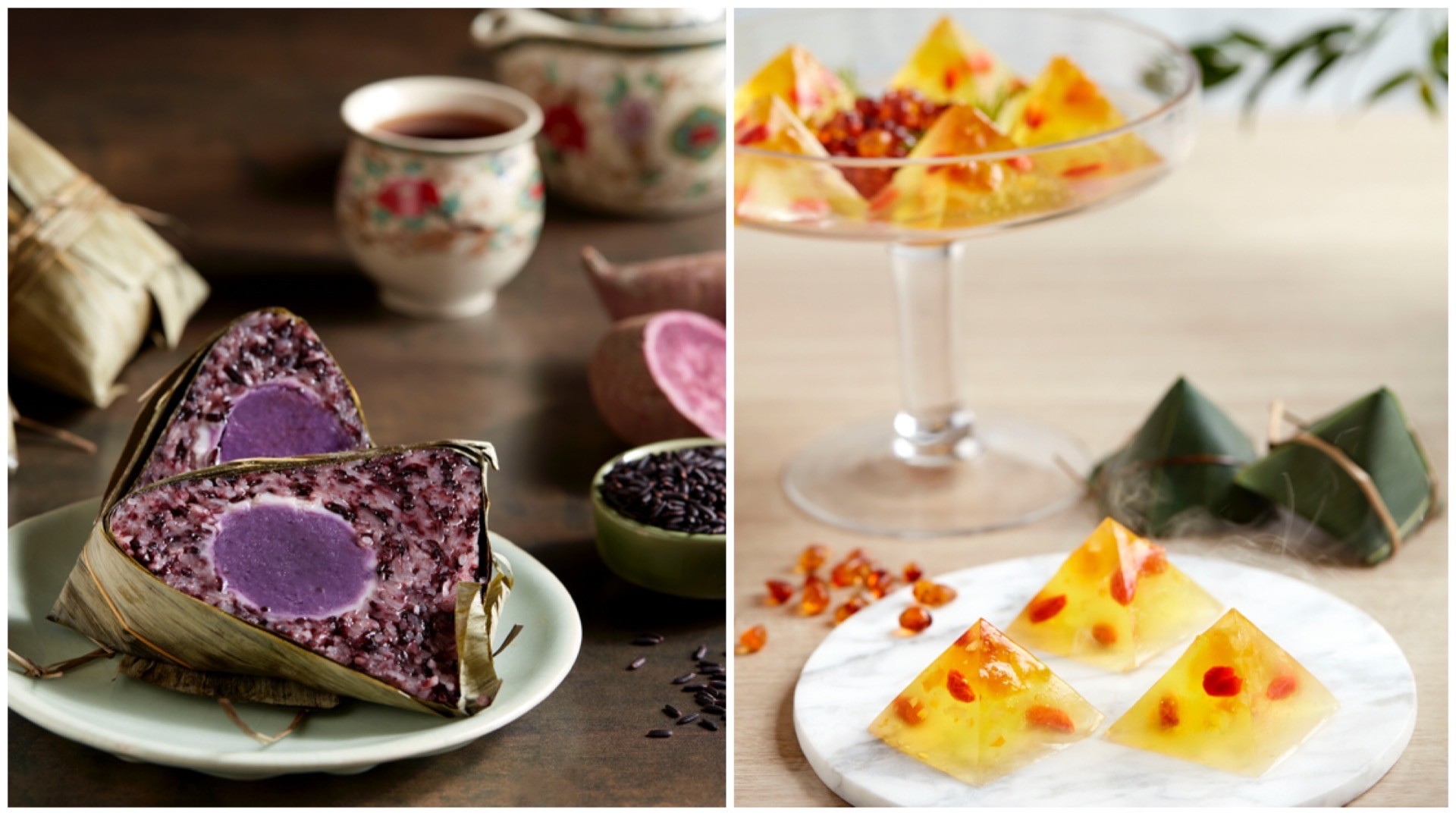 Whether the hero ingredient is Shangri-La Hotel Singapore's Japanese purple sweet potato custard (left) or Crystal Jade's peach gum and yuzu peel, some of this year's bak chang offerings are simply wild and wonderful!