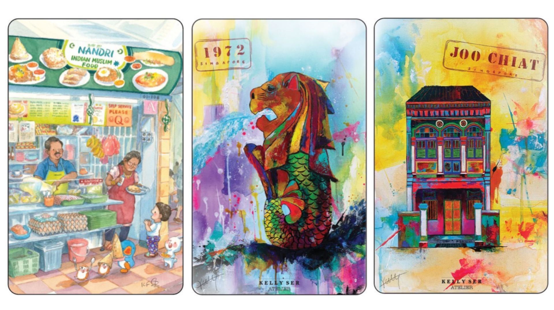 The commemorative sets feature hawker scenes by Ah Guo and a depiction of Singapore's history and culture by Kelly Ser.
