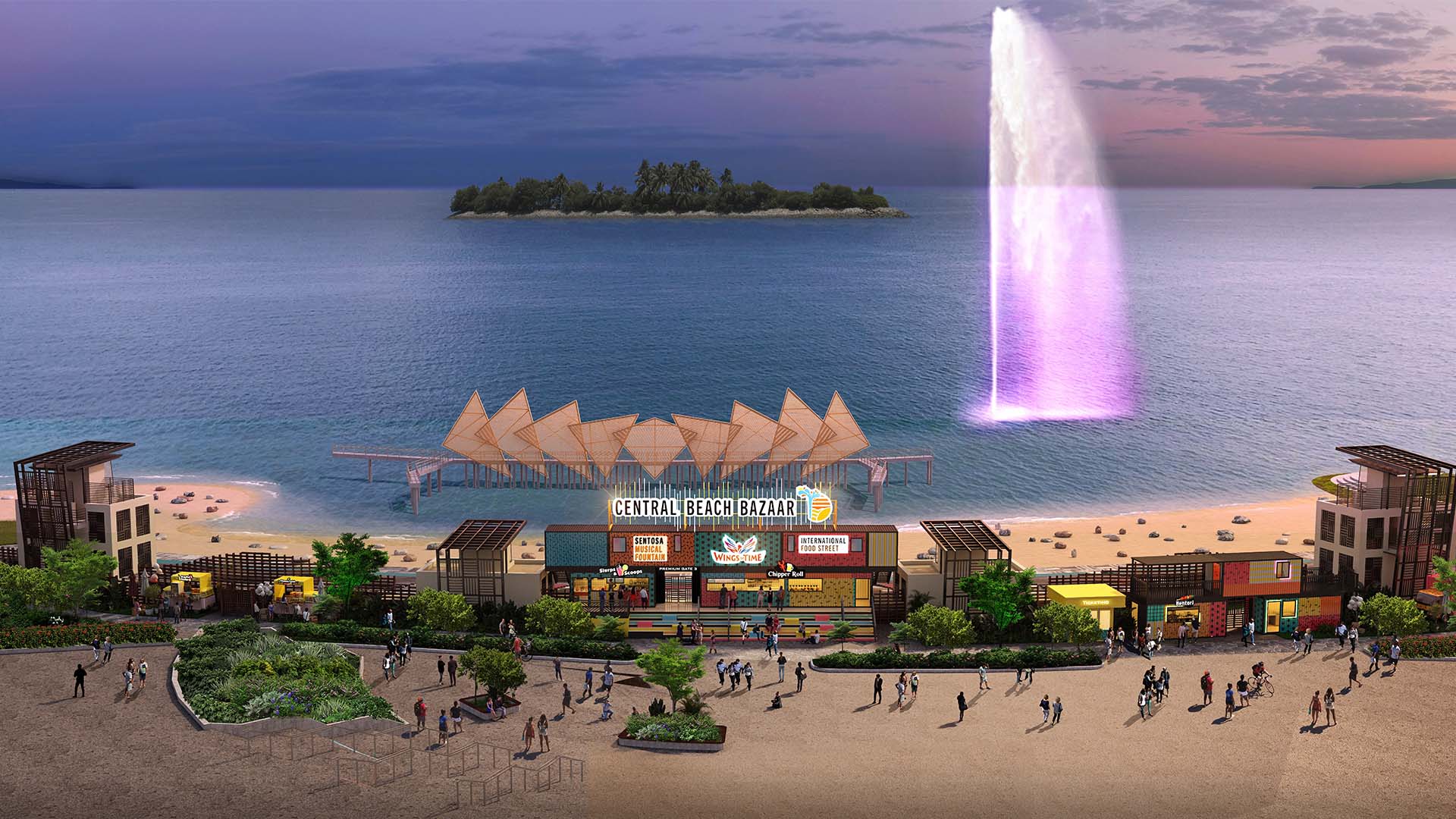 Sentosa’s Central Beach Bazaar features a towering water fountain, food street and carnival attractions. The iconic Sentosa Musical Fountain will also make a comeback.