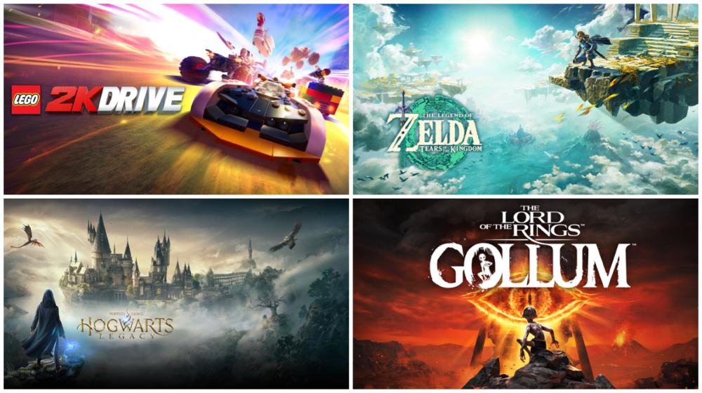 Scenes from "Lego 2K Drive", "The Legend of Zelda: Tears of the Kingdom", "The Lord of the Rings: Gollum", and "Hogwarts Legacy".