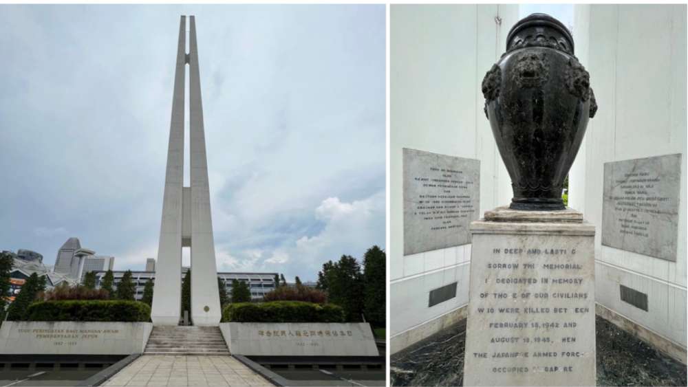 The prominent 61m tall Civilian War Memorial is visible both in the daytime and at night. Within the structure, is a black urn commemorating the countless civilians killed during the Japanese occupation of Singapore.