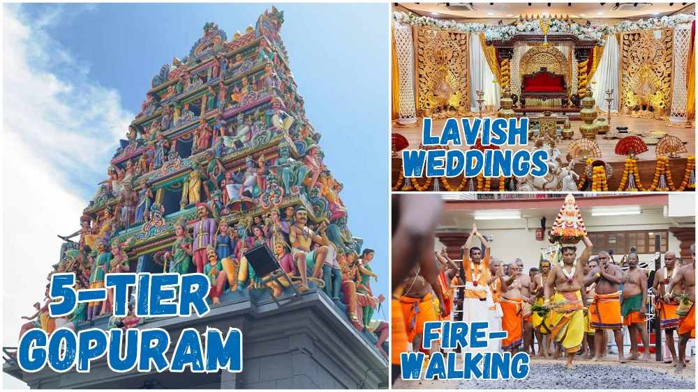 At the striking entrance to Sri Mariamman Temple, you'll be greeted by a conspicuous five-tiered gopuram (entrance tower) and large double-leaf timber doors.
