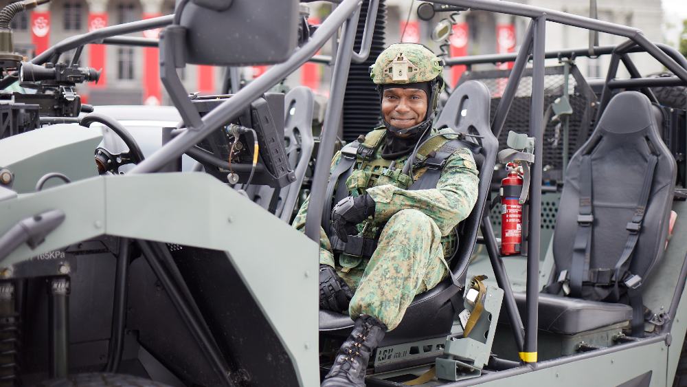 3WO Jonathan Mark Garnell is set to wow the crowd at the Padang with the Singapore Army's Light Strike Vehicle MK.II.