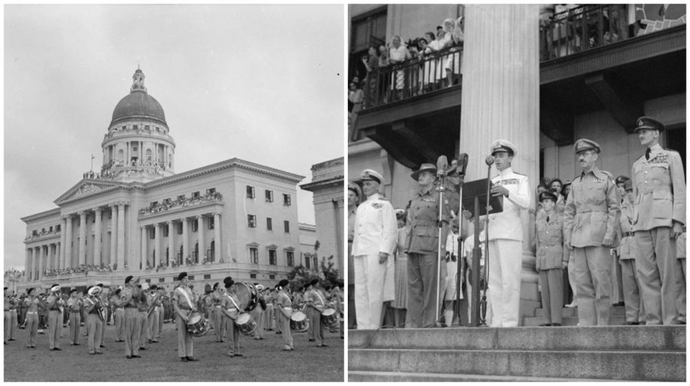 Lord Louis Mountbatten, the Supreme Allied Commander in Southeast Asia, at the former City Hall (now part of National Gallery).