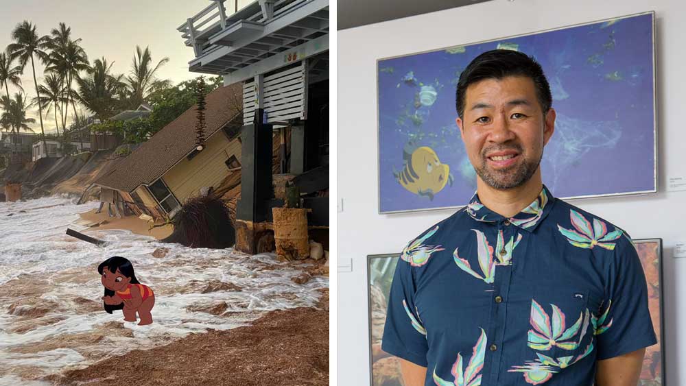 Jeff Hong with his new instalments, Lilo and the Rising Sea, created specially for Gardens by the Bay