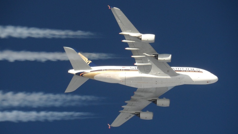 Singapore Airlines A380 soaring through the skies.