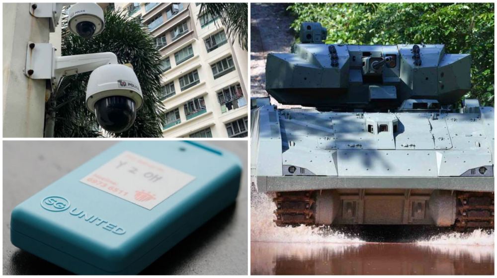 Police cameras at HDBs, an SAF armoured vehicle, and TraceTogether token - all made-in-Singapore innovations.