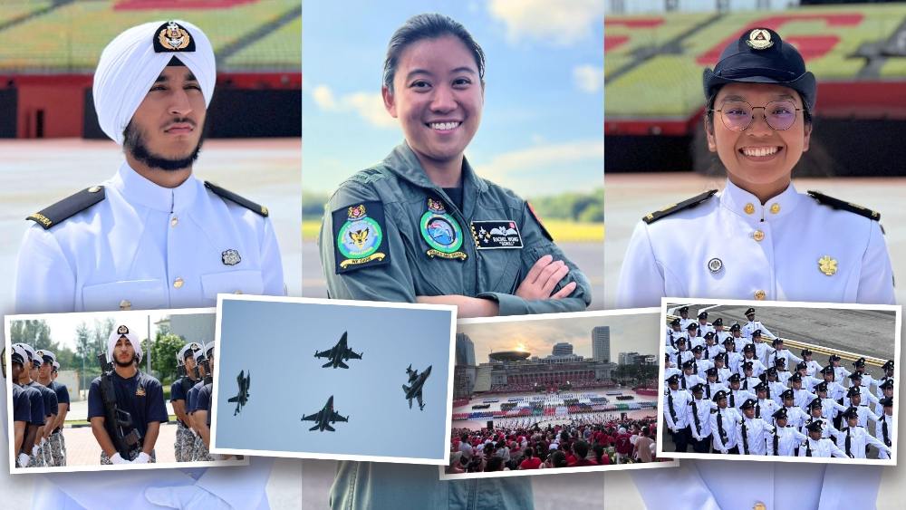 From the sea to the skies to the frontlines of care: CPL Mehar (left), CPT Rachel (centre), and SGT3 Thenmoli are bringing first-time pride, full-on SG60 energy, and serious local food cravings to the Parade stage