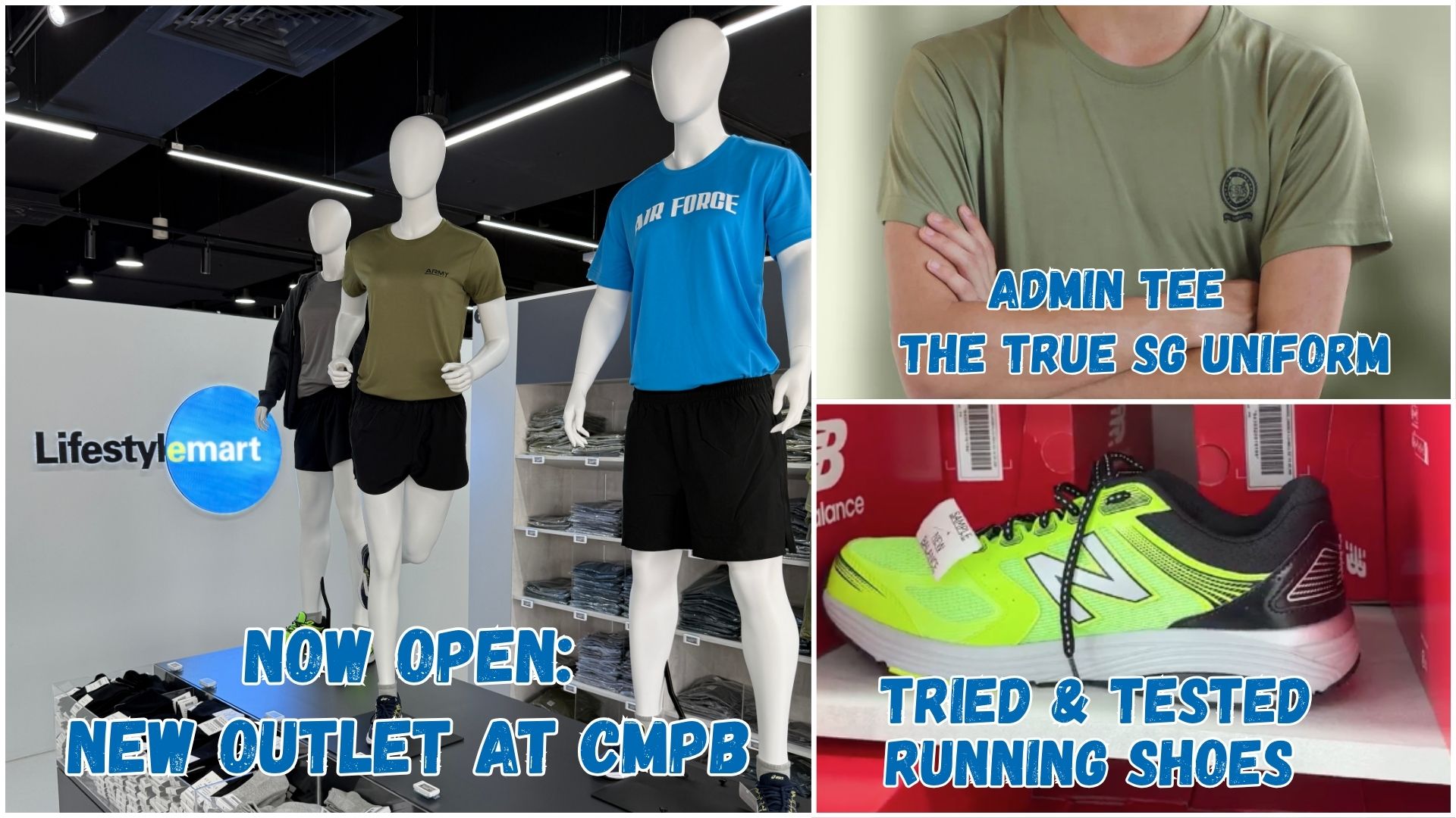 Useful SAF eMart items that work well outside of camp, featuring SAF Admin Tee dri-fit shirts, New Balance or Asics running shoes.